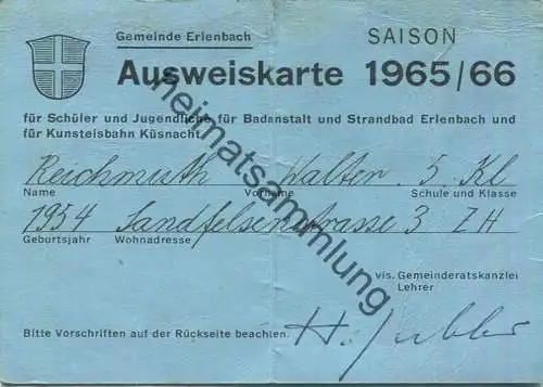 Schweiz - Gemeinde Erlenbach - Ausweiskarte 1965/66 für Schüler und Jugendliche für Badeanstalt und Strandbad Erlenbach