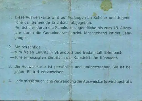 Schweiz - Gemeinde Erlenbach - Ausweiskarte 1965/66 für Schüler und Jugendliche für Badeanstalt und Strandbad Erlenbach