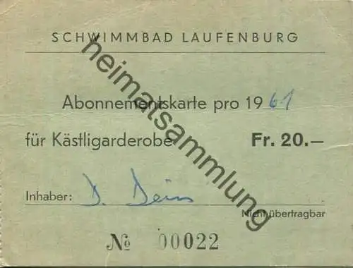 Schweiz - Schwimmbad Laufenburg - Abonnentenkarte 1961 für Kästligarderobe