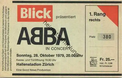 Schweiz - ABBA in Concert - Hallenstadion Zürich - Eintrittskarte 1979