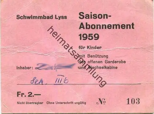 Schweiz - Lyss - Schwimmbad - Saison-Abonnement 1959 für Kinder - Eintrittskarte Fr. 2.-