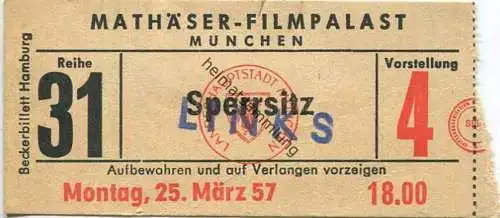 Deutschland - München - Mathäser-Filmpalast - Eintrittskarte Kinokarte 1957
