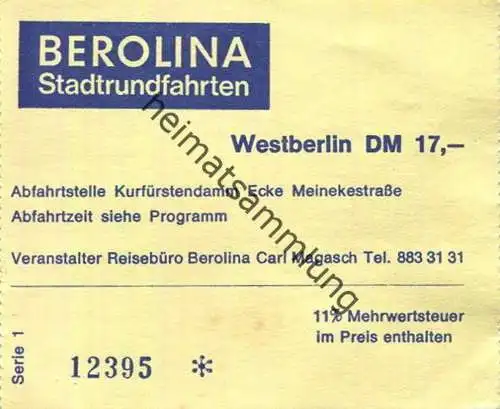 Deutschland - Berlin - Berolina Stadtrundfahrten - Reisebüro Carl Magasch - Fahrkarte Westberlin