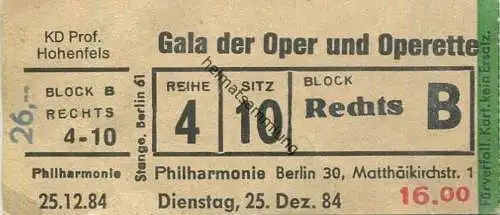 Deutschland - Berlin - Philharmonie 1984 - Gala der Oper und Operrette - Eintrittskarte