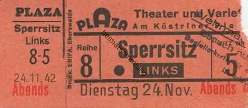 Deutschland - Berlin - Plaza Theater und Varieté am Küstriner Platz - Eintrittskarte 1942