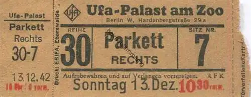 Deutschland - Berlin - Ufa-Palast am Zoo - Eintrittskarte - Kino 1942
