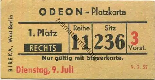 Deutschland - Odeon Berlin - Kinokarte 1957 - Nur gültig mit Steuerkarte