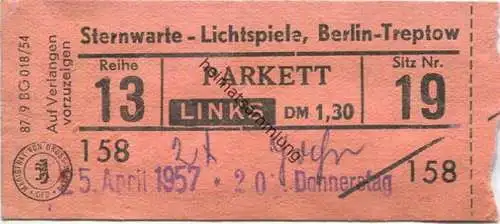 Deutschland - Sternwarte Lichtspiele Berlin Treptow - Kinokarte 1957 Parkett DM 1,30