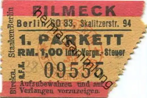 Deutschland - Filmeck - Berlin Skalitzerstrasse 94 - Kinokarte 1938 1. Parkett RM 1,00