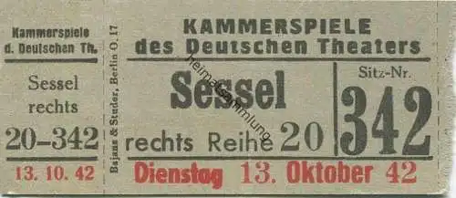 Deutschland - Berlin - Kammerspiele des Deutschen Theaters - Eintrittskarte 1942 Sessel