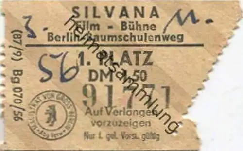 Deutschland - Silvana - Film-Bühne - Berlin Baumschulenweg - Eintrittskarte1956  1. Platz DM 1,50