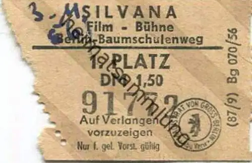 Deutschland - Silvana - Film-Bühne - Berlin Baumschulenweg - Eintrittskarte1956  1. Platz DM 1,50