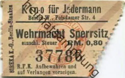 Deutschland - Kino für Jedermann - Berlin Potsdamerstrasse 4 - Eintrittskarte 1942 Wehrmacht Sperrsitz RM 0.80