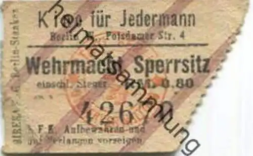 Deutschland - Kino für Jedermann - Berlin Potsdamerstrasse 4 - Eintrittskarte 1942 Wehrmacht Sperrsitz RM 0.80