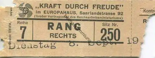 Deutschland - Berlin - Kraft durch Freude im Europahaus Saarlandstrasse 92 - Eintrittskarte 1942