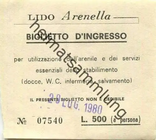 Italien - Lido Arenella - Biglietto d'ingresso - Eintrittskarte L.500 (a persona)