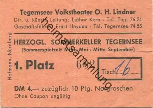 Deutschland - Tegernsee - Tegernseer Volkstheater O. H. Lindner - Direktor Lothar Kern - 1964 Eintrittskarte DM 4.- zuzü