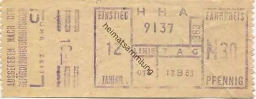Deutschland - Hamburg - HHA - Hamburger Hochbahn AG - Linie 016 - Preis 30Pfennig - Fahrschein 1958
