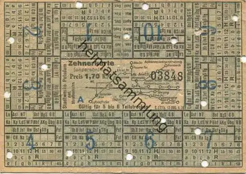 Deutschland - Stadtwerke Potsdam - Abt. Strassenbahn - Zehnerkarte - gültig für 5 bis 6 Teilstrecken 1,70 RM 1938 - Fahr