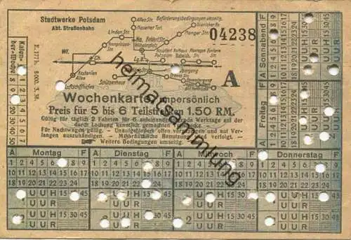 Deutschland - Stadtwerke Potsdam - Abt. Strassenbahn - Wochenkarte - Preis für 5 bis 6 Teilstrecken 1.50 RM 1938 - Fahrk