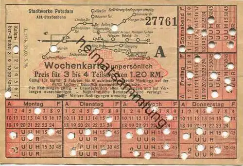 Deutschland - Stadtwerke Potsdam - Abt. Strassenbahn - Wochenkarte - Preis für 3 bis 4 Teilstrecken 1.20 RM 1938 - Fahrk