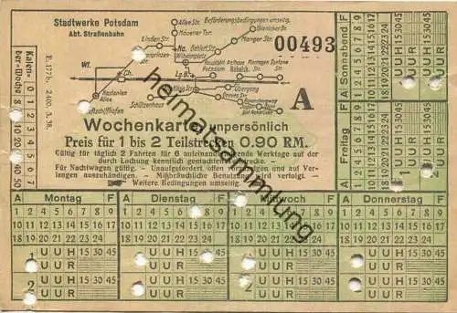 Deutschland - Stadtwerke Potsdam - Abt. Strassenbahn - Wochenkarte - Preis für 1 bis 2 Teilstrecken 0.90 RM 1938 - Fahrk