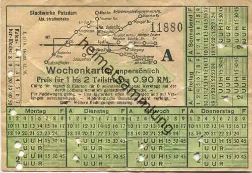 Deutschland - Stadtwerke Potsdam - Abt. Strassenbahn - Wochenkarte - Preis für 1 bis 2 Teilstrecken 0.90 RM 1938 - Fahrk