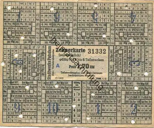 Deutschland - Potsdam - Stadtwerke Potsdam Abt. Verkehrsbetriebe - Zehnerkarte - gültig für 5 bis 6 Teilstrecken 1,70 RM