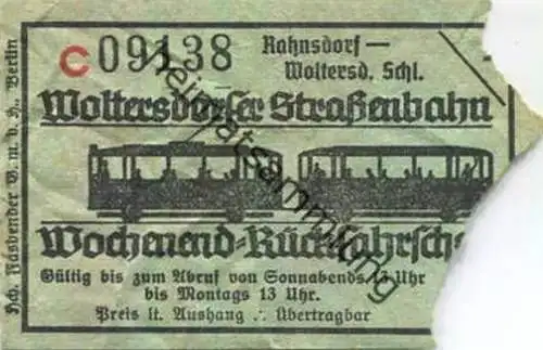 Deutschland - Woltersdorf - Woltersdorfer Strassenbahn - Wochenend-Rückfahrschein - Rahnsdorf Woltersdorfer Schleuse
