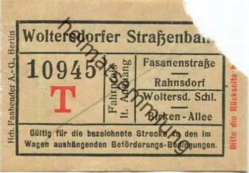 Deutschland - Woltersdorf - Woltersdorfer Strassenbahn - Fahrschein - Fasanenstrasse Bahnhof Rahnsdorf - Wolterdorfer Sc