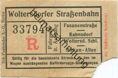 Deutschland - Woltersdorf - Woltersdorfer Strassenbahn - Fahrschein - Fasanenstrasse Bahnhof Rahnsdorf - Wolterdorfer Sc