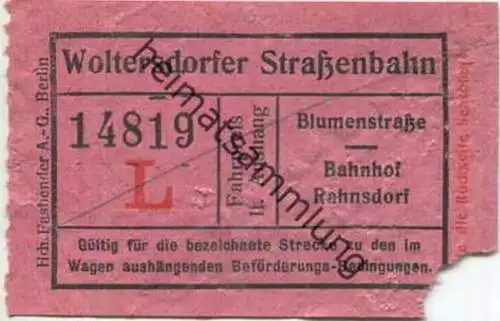 Deutschland - Woltersdorf - Woltersdorfer Strassenbahn - Fahrschein Blumenstrasse Bahnhof Rahnsdorf - rückseitig Werbung