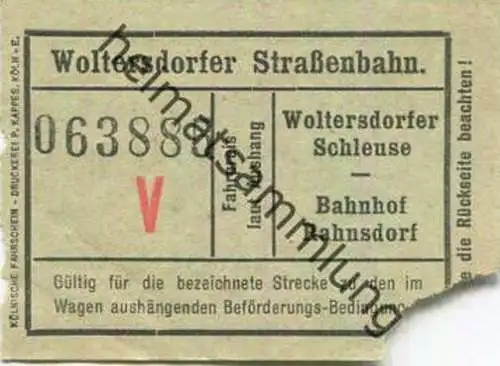 Deutschland - Woltersdorf - Woltersdorfer Strassenbahn - Fahrschein Wolterdorfer Schleuse Bahnhof Rahnsdorf - rückseitig