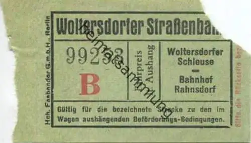 Deutschland - Woltersdorf - Woltersdorfer Strassenbahn - Fahrschein Wolterdorfer Schleuse Bahnhof Rahnsdorf - rückseitig