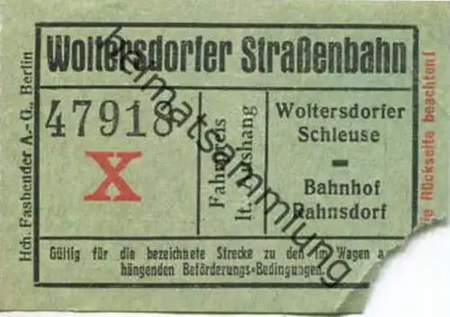 Deutschland - Woltersdorf - Woltersdorfer Strassenbahn - Fahrschein Wolterdorfer Schleuse Bahnhof Rahnsdorf - rückseitig