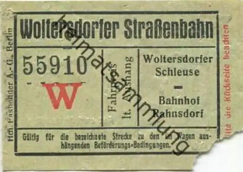 Deutschland - Woltersdorf - Woltersdorfer Strassenbahn - Fahrschein Wolterdorfer Schleuse Bahnhof Rahnsdorf - rückseitig