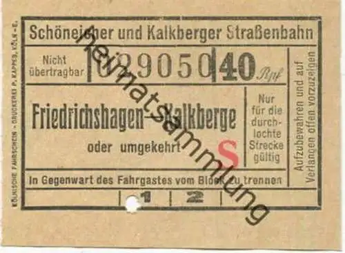 Deutschland - Schöneiche Kalkberge - Schöneicher und Kalkberger Strassenbahn - Fahrschein 40Rpf. - Friedrichshagen Kalkb
