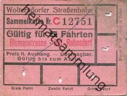 Deutschland - Woltersdorf - Woltersdorfer Strassenbahn - Sammelkarte Gültig für 5 Fahrten - Blumenstrasse Bahnhof Rahnsd