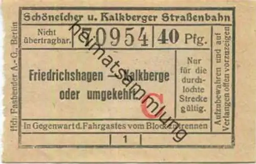 Deutschland - Schöneiche Kalkberge - Schöneicher und Kalkberger Strassenbahn - Fahrschein 40Pfg. - Friedrichshagen Kalkb