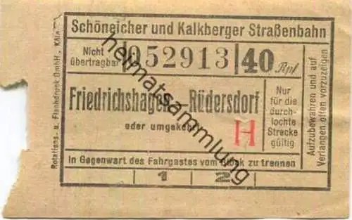 Deutschland - Schöneiche Kalkberge - Schöneicher und Kalkberger Strassenbahn - Fahrschein 40Rpf. - Friedrichshagen Rüder