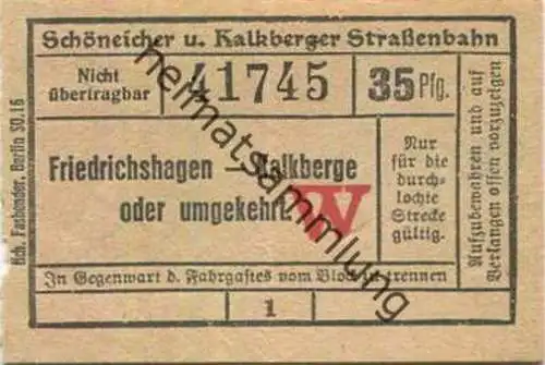 Deutschland - Schöneiche Kalkberge - Schöneicher und Kalkberger Strassenbahn - Fahrschein 35Pfg. - Friedrichshagen Kalkb