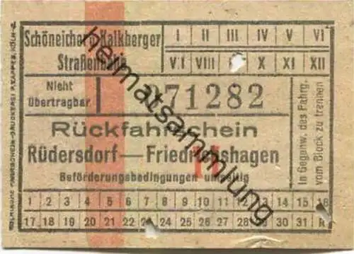 Deutschland - Schöneiche Kalkberge - Schöneicher und Kalkberger Strassenbahn - Rückfahrschein Rüdersdorf Friedrichshagen