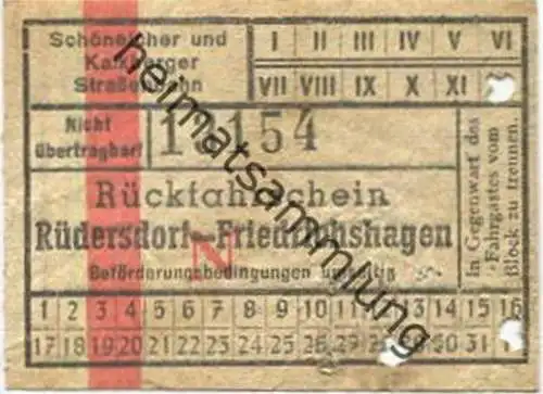 Deutschland - Schöneiche Kalkberge - Schöneicher und Kalkberger Strassenbahn - Rückfahrschein Rüdersdorf Friedrichshagen