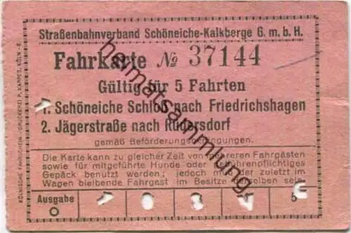 Deutschland - Schöneiche Kalkberge - Strassenbahnverband Schöneiche Kalkberge GmbH - Fahrkarte Gültig für 5 Fahrten - 1.