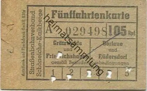 Deutschland - Strassenbahnverband Schöneiche Kalkberge - Fünffahrtenkarte 105Rpf. - Grätzwalde und Friedrichshagen oder