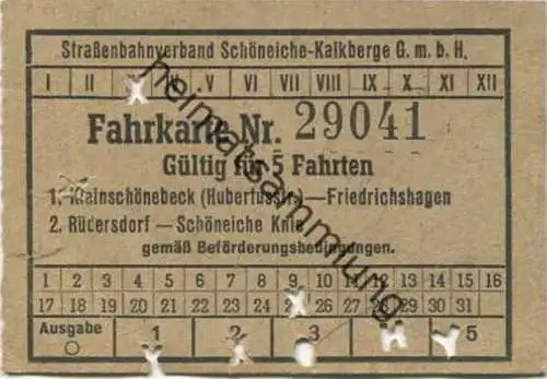 Deutschland - Schöneiche Kalkberge - Strassenbahnverband Schöneiche Kalkberge G.m.b.H. - Fahrkarte Gültig für 5 Fahrten