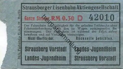 Deutschland - Strausberg - Strausberger Eisenbahn Aktiengesellschaft - Ganze Strecke Fahrschein RM 0.30