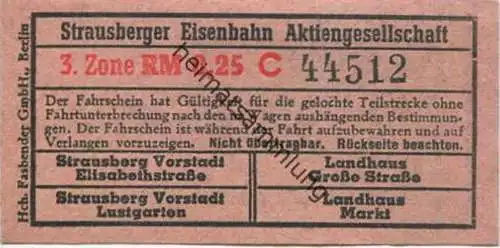 Deutschland - Strausberg - Strausberger Eisenbahn Aktiengesellschaft - Fahrschein 3. Zone RM 0,25