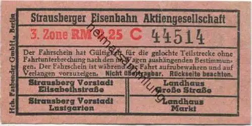 Deutschland - Strausberg - Strausberger Eisenbahn Aktiengesellschaft - Fahrschein 3. Zone RM 0,25