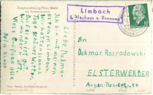 Siegmundsburg - Am Dreiherrenstein - VEB Bild und Heimat Reichenbach - Posthilfstellenstempel: Limbach ü. Neuhaus